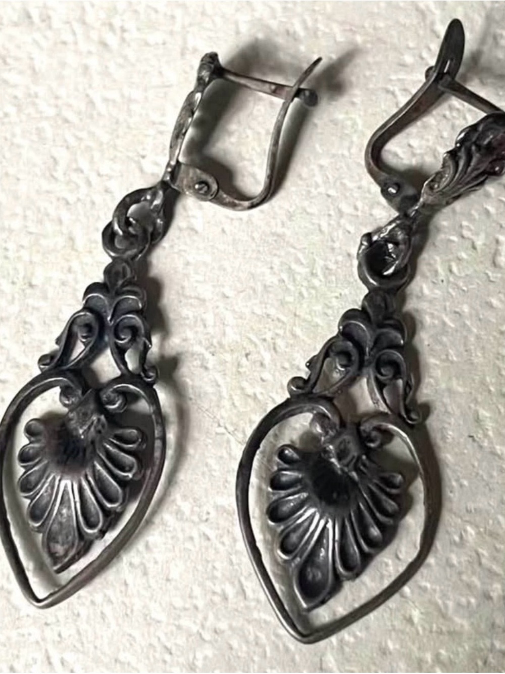 Ornate Black Filigree Heart Drop Earrings